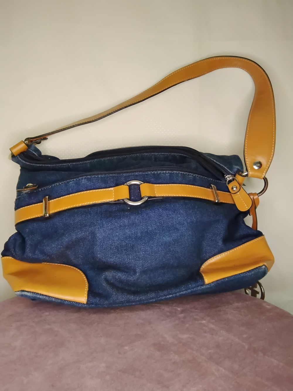 Giani Bernini Navy Denim Shoulder Bag with Tan Accents